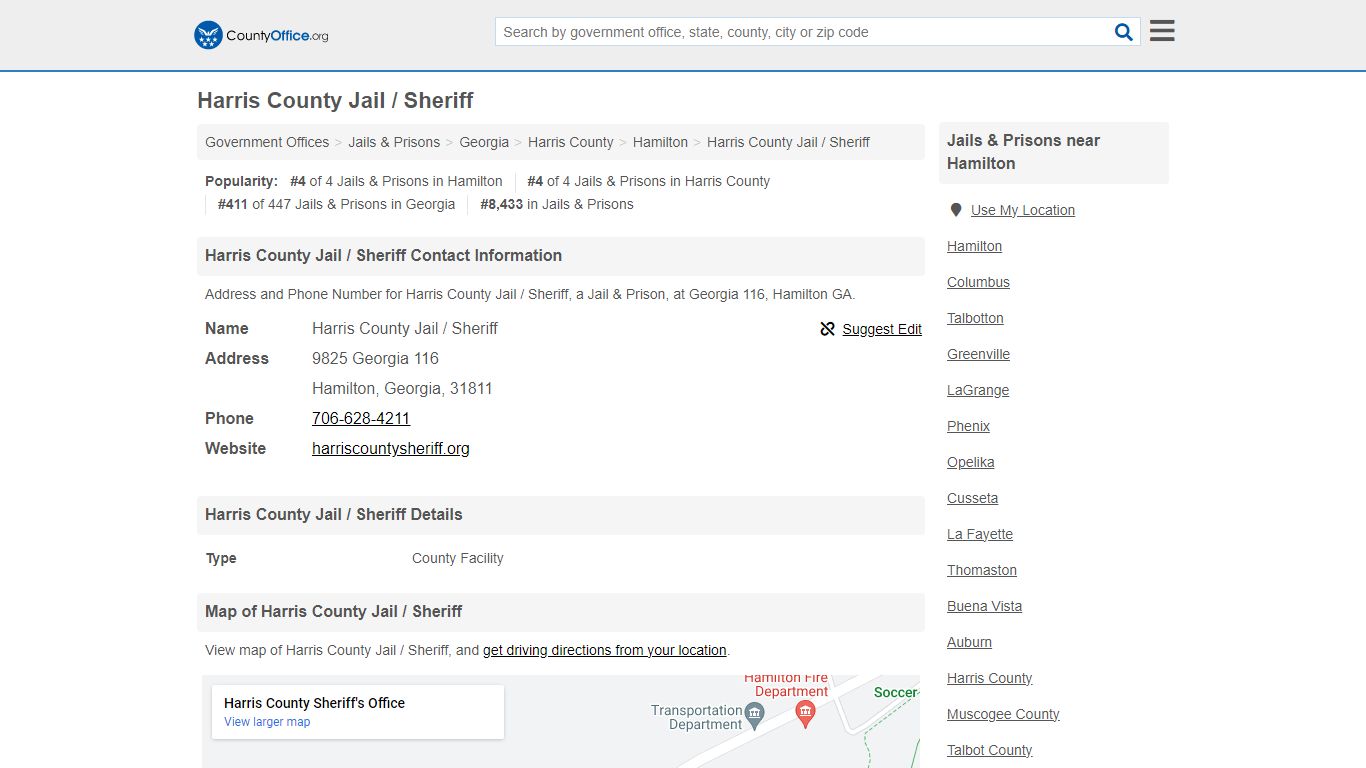 Harris County Jail / Sheriff - Hamilton, GA (Address and Phone)